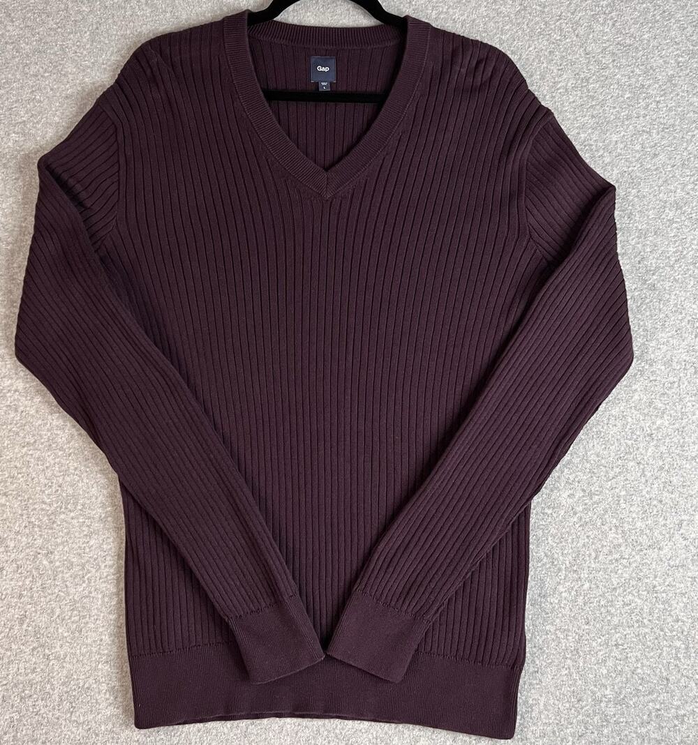 GAP Men’s V-Neck Ribbed Sweater Burgundy 100% Cotton Size L